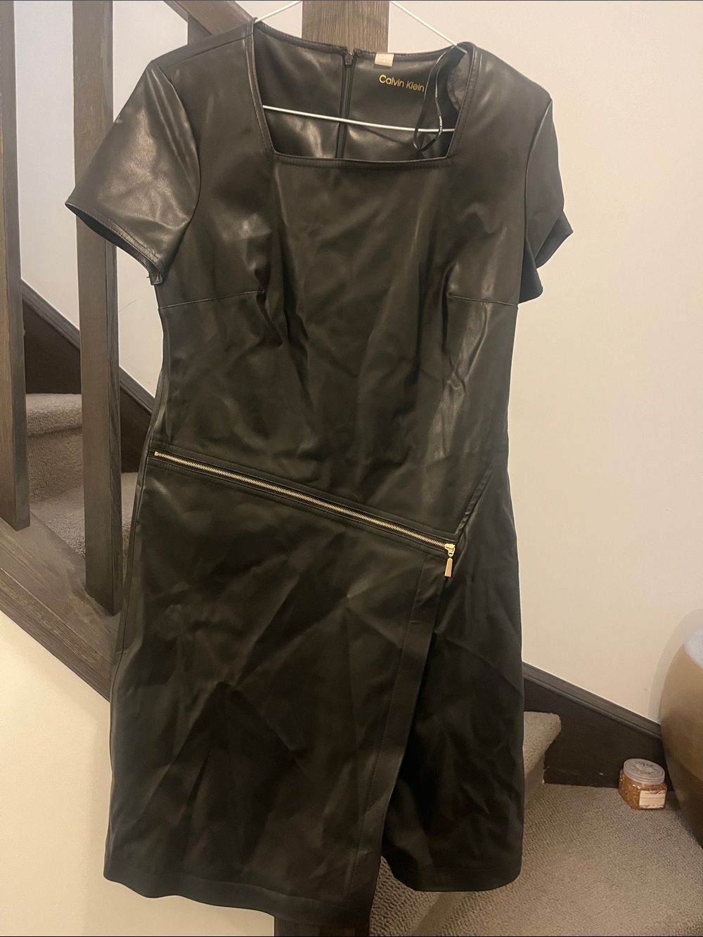 Calvin Klein Black Faux Leather Mini Dress with Gold Zip Accent